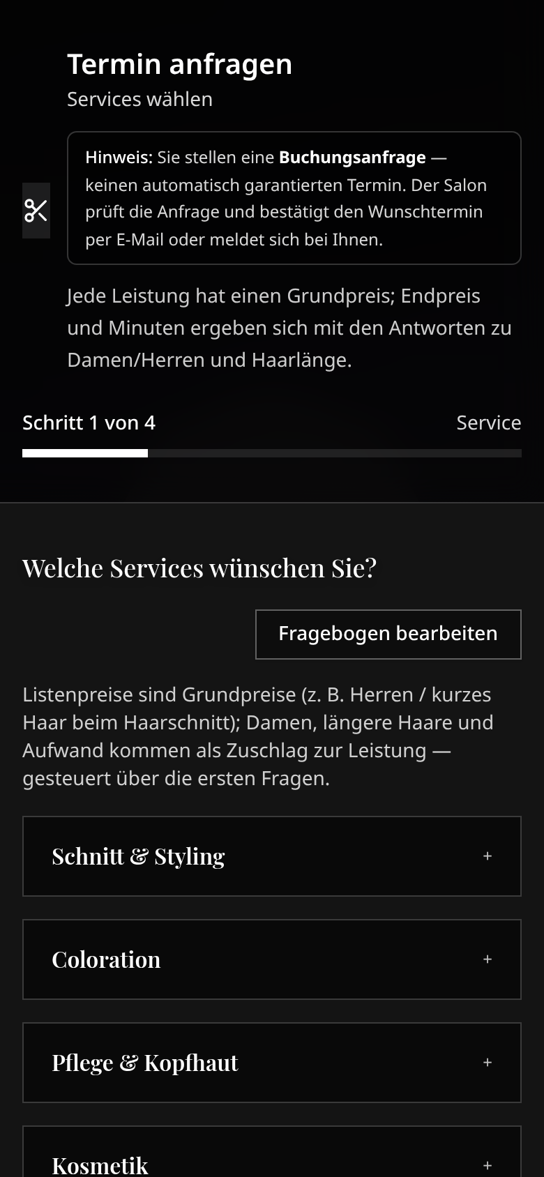 Salonseite Demo, Buchungsflow auf dem Smartphone